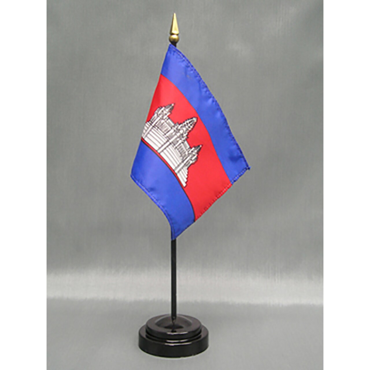 Cambodia Desk Flag with Base; American Made Rayon 4x6 inch Miniature Table Set Includes One Small Mini Country Stick Flags and One Black Stand